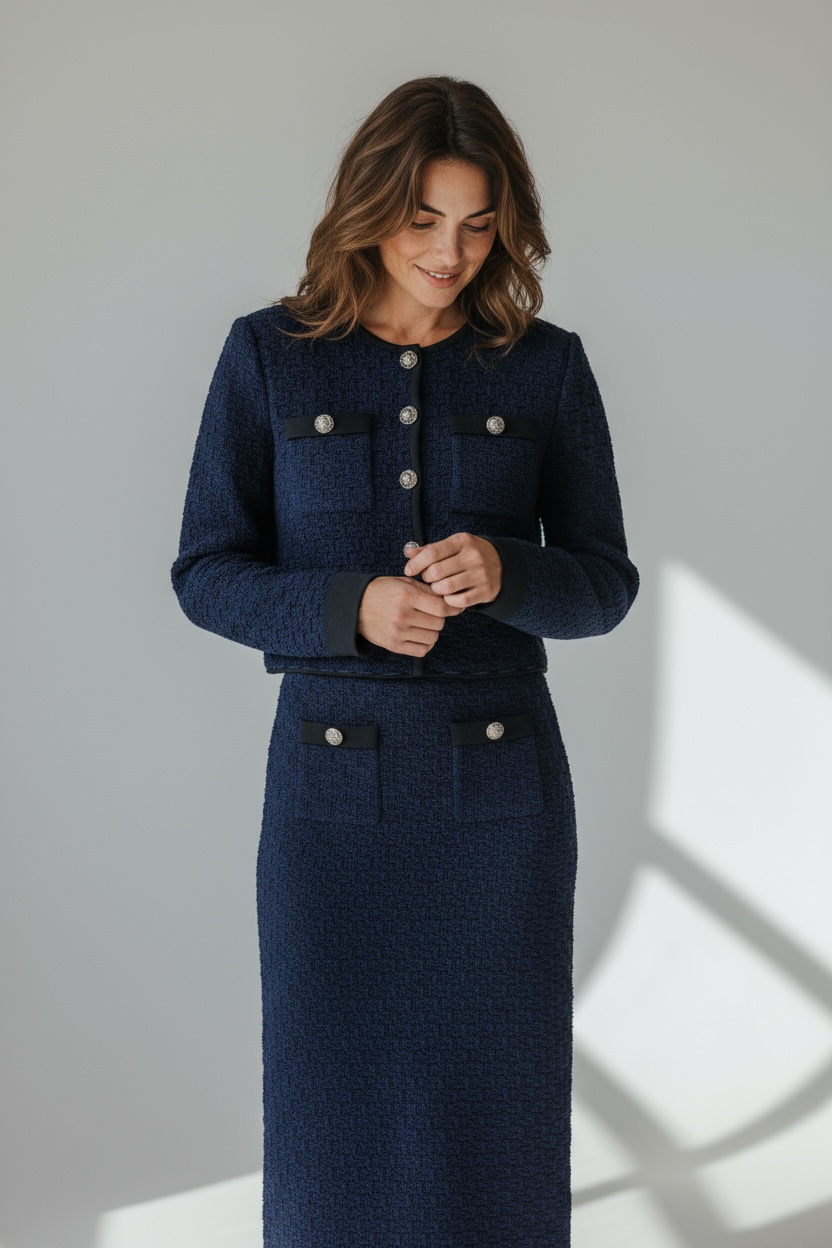 Set falda midi azul y blazer