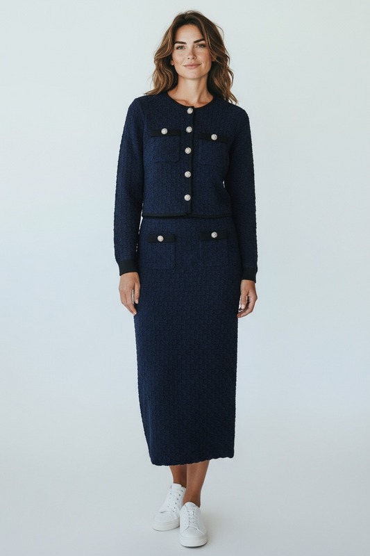 Set falda midi azul y blazer